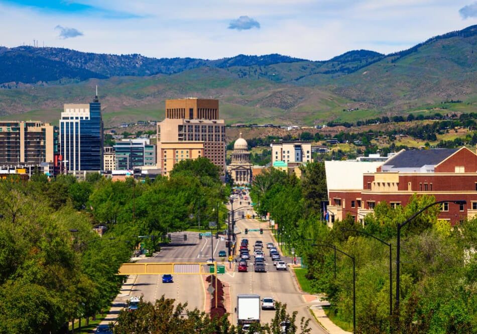 A city skyline with mountains in the background, framed by lush green trees in the foreground
